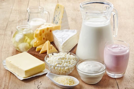 Dairy products including butter, cheese, milk, and cream.